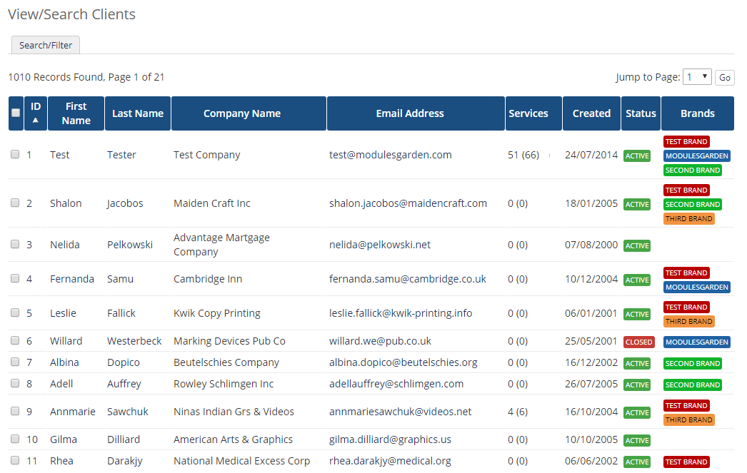 Multibrand For WHMCS: WHMCS client list with the Brands column showing brand labels for each client