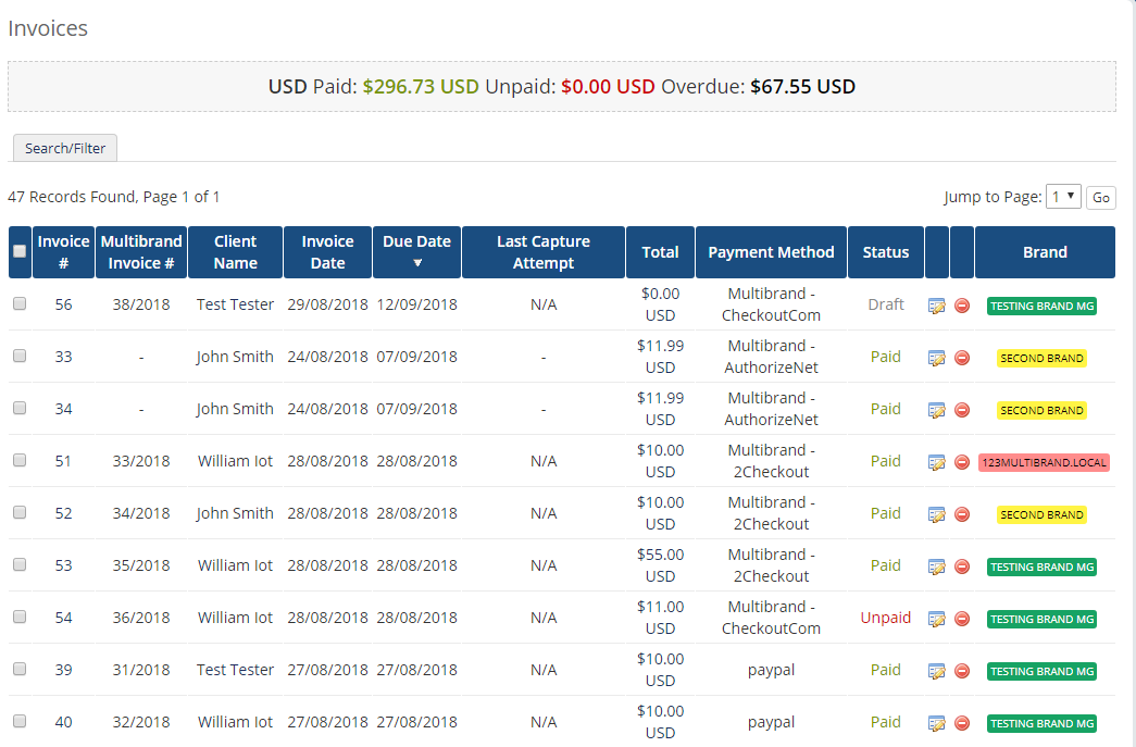 Multibrand For WHMCS: WHMCS invoice list with the Multibrand Invoice number and Brand columns