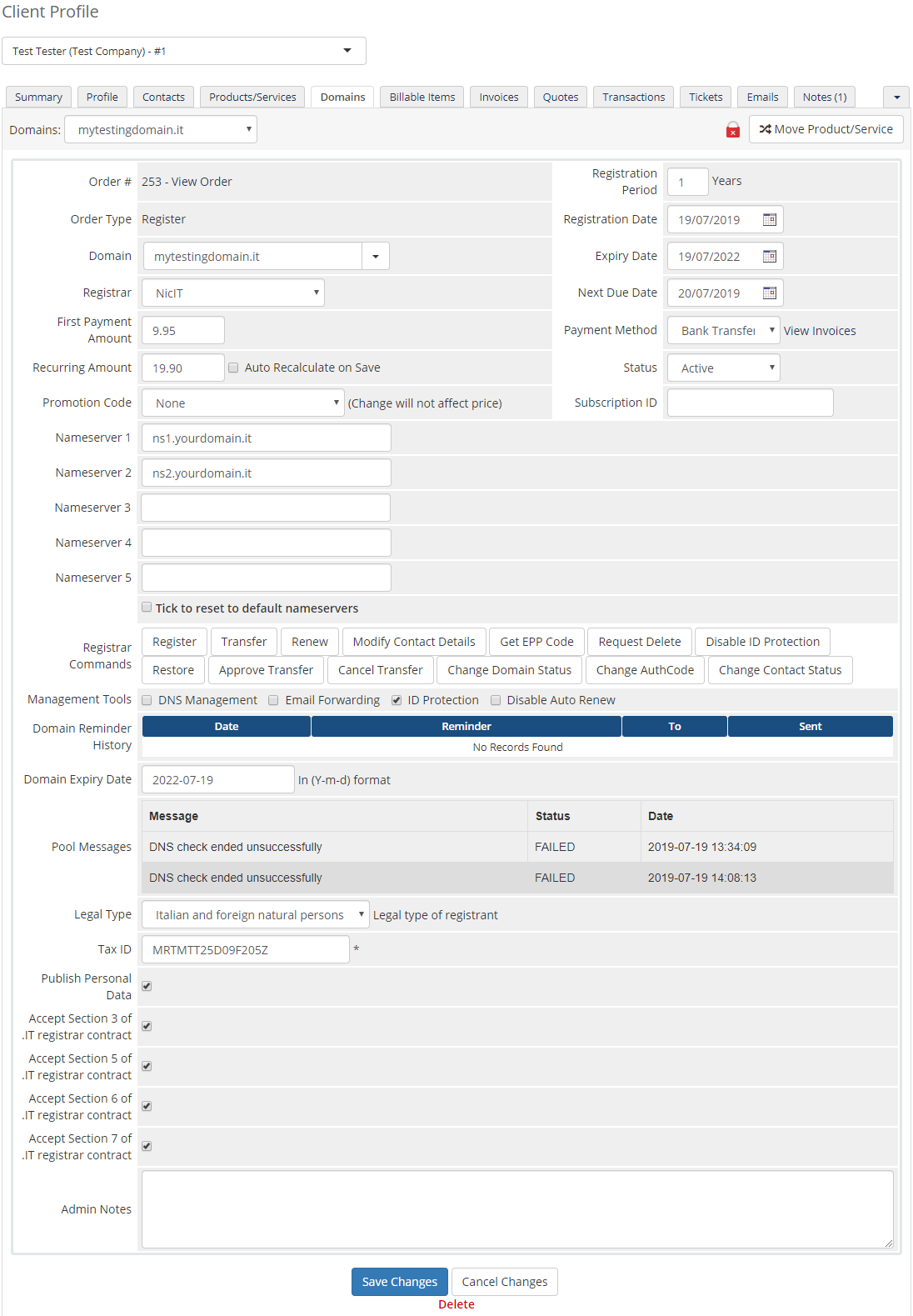 NIC IT Registrar For WHMCS: the WHMCS admin client domain details page with .it Legal Type and Tax ID fields
