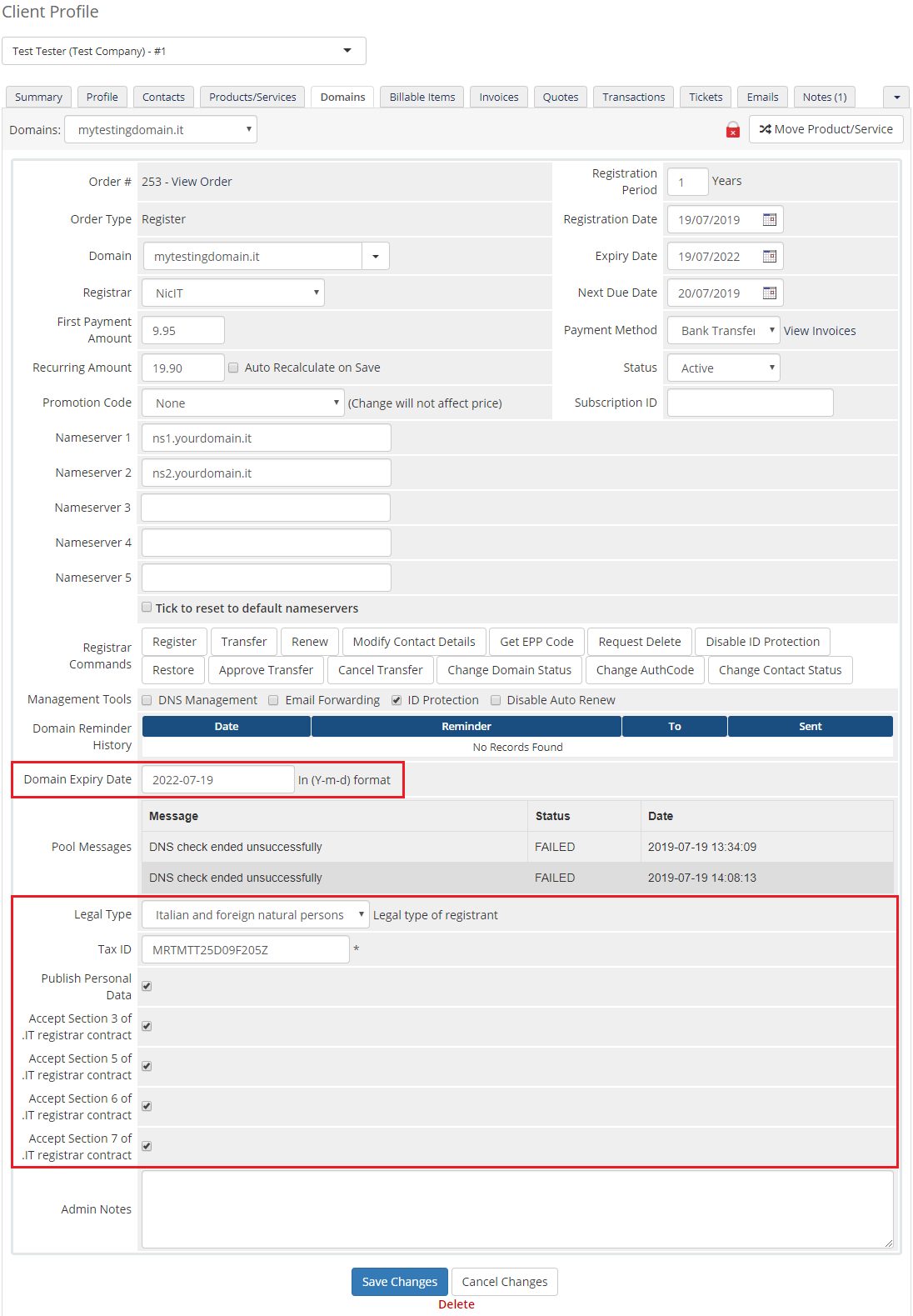 NIC IT Registrar For WHMCS: the WHMCS admin domain details page with Domain Expiry Date and the legal fields marked