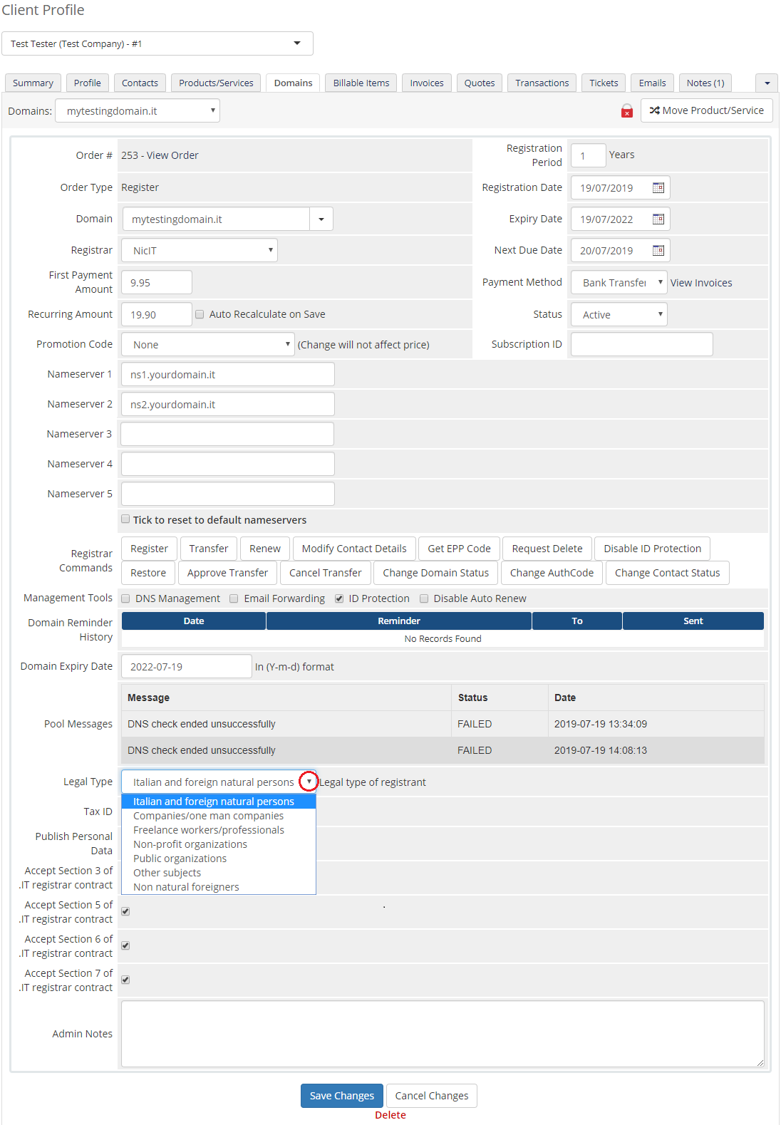 NIC IT Registrar For WHMCS: the WHMCS admin domain details page with the Legal Type dropdown list opened