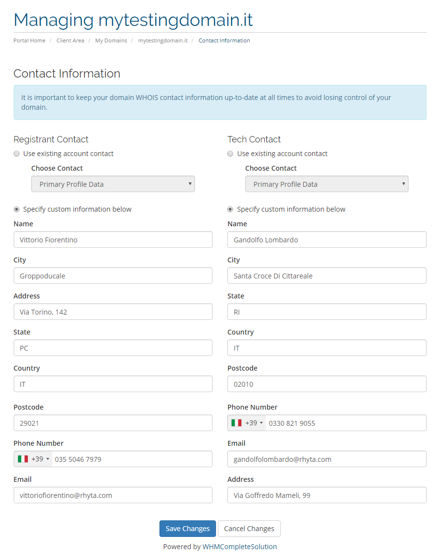 NIC IT Registrar For WHMCS: the client area Contact Information tab with registrant and tech contact forms