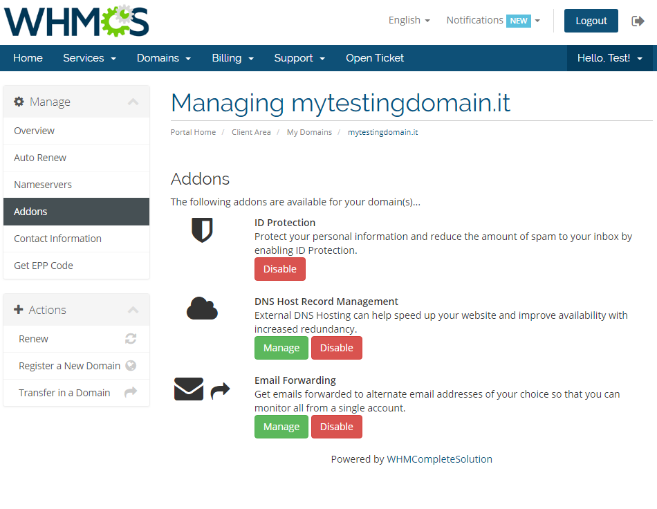NIC IT Registrar For WHMCS: the client area Addons tab with ID Protection, DNS and Email Forwarding buttons
