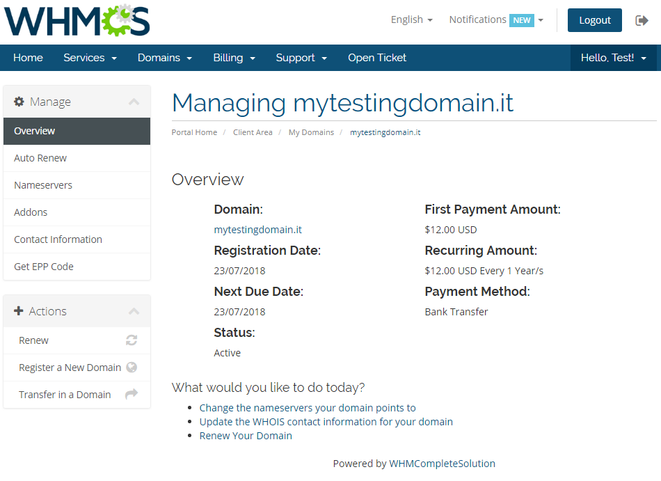 NIC IT Registrar For WHMCS: the client area Managing page for an .it domain with the Overview tab