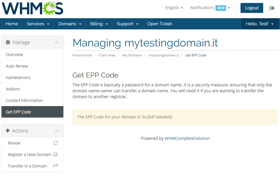 NIC IT Registrar For WHMCS: the client area Get EPP Code tab showing the EPP code of the .it domain