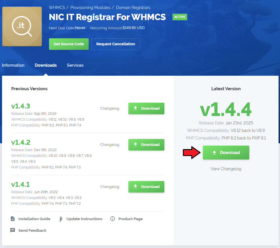 NIC IT Registrar For WHMCS: the client area product page with the Download button for the latest module version