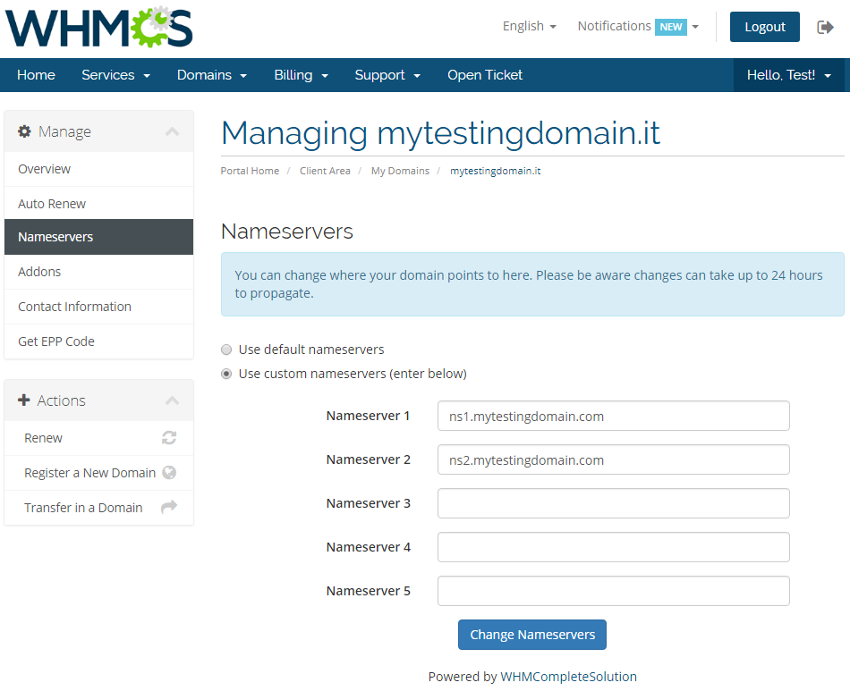 NIC IT Registrar For WHMCS: the client area Nameservers tab with the custom nameservers option and fields