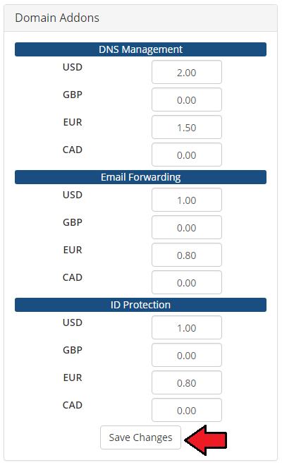 NIC IT Registrar For WHMCS: the Domain Addons pricing form for DNS Management, Email Forwarding and ID Protection