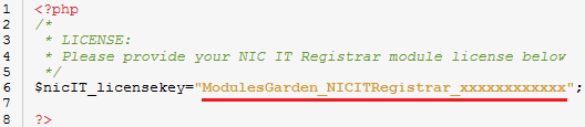 NIC IT Registrar For WHMCS: the license.php file with the license key entered between quotation marks