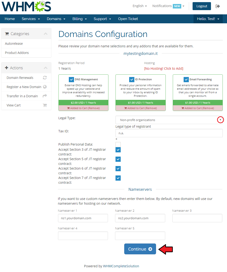 NIC IT Registrar For WHMCS: the client area domain order form with the Legal Type list and Tax ID field