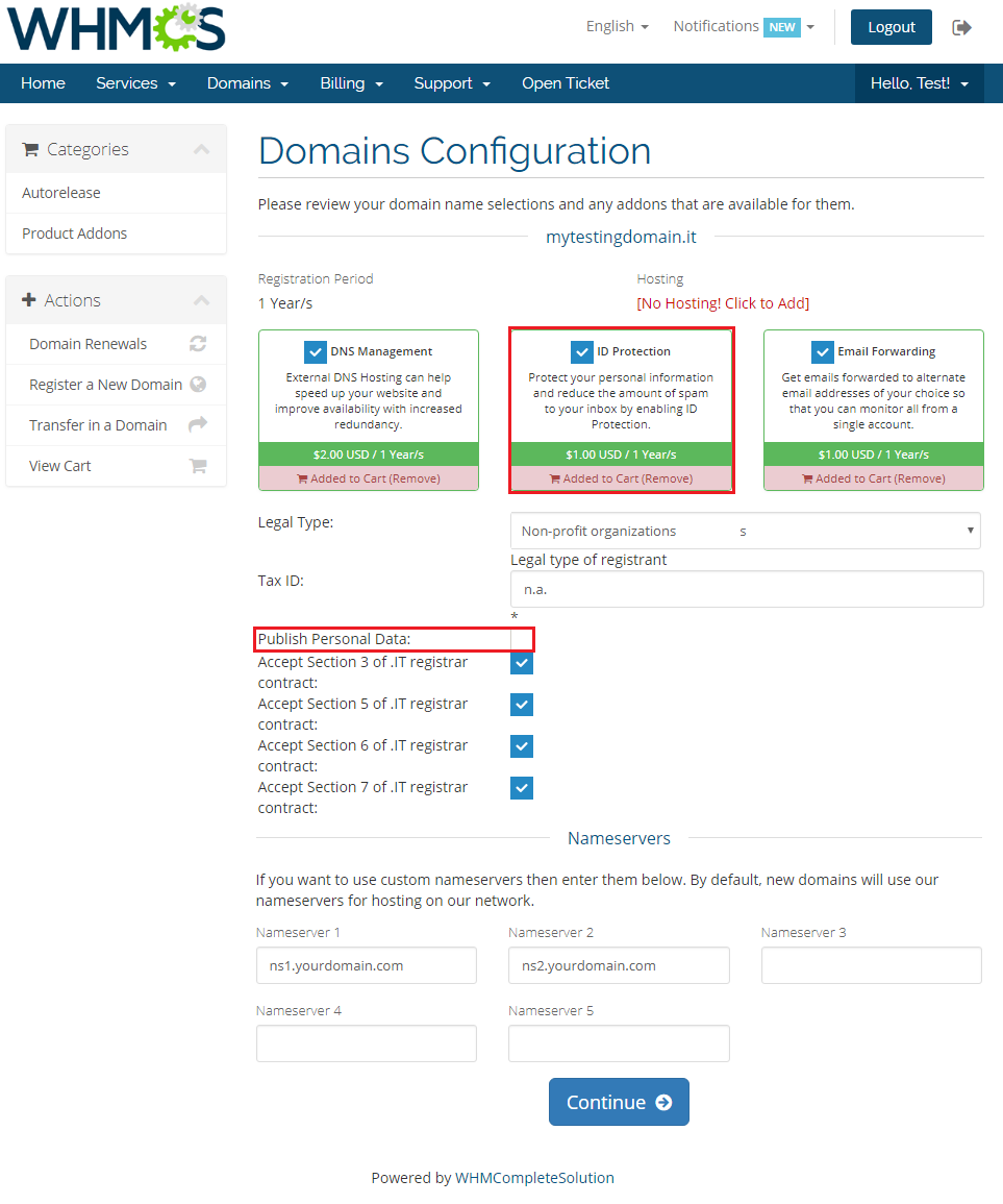 NIC IT Registrar For WHMCS: the domain order form with ID Protection and Publish Personal Data highlighted
