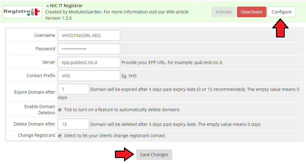 NIC IT Registrar For WHMCS: the NIC IT Registrar configuration form with username, server, prefix and Save Changes
