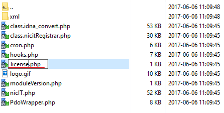 NIC IT Registrar For WHMCS: the nicIT registrar folder with the license file being renamed to license.php