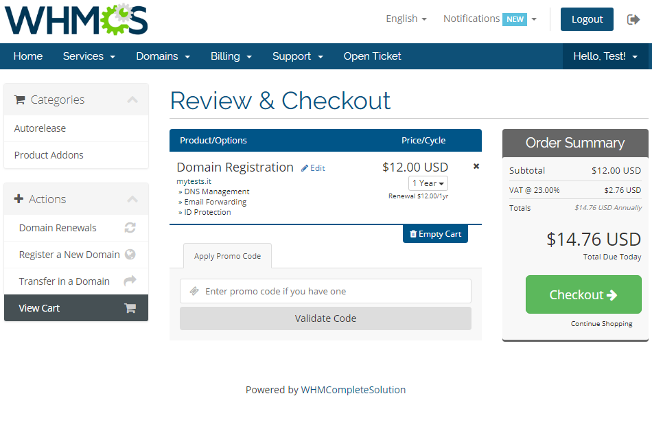 NIC IT Registrar For WHMCS: the Review and Checkout page with the .it domain registration and addons in the cart