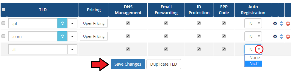 NIC IT Registrar For WHMCS: the WHMCS domain pricing TLD list with .it and the Auto Registration set to NicIT