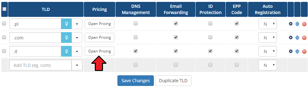 NIC IT Registrar For WHMCS: the WHMCS domain pricing list with the Open Pricing button for the .it TLD
