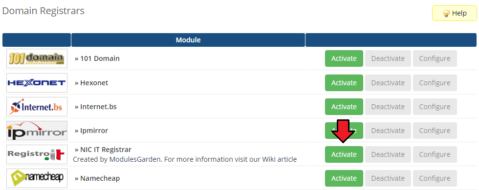 NIC IT Registrar For WHMCS: the WHMCS Domain Registrars list with the Activate button next to NIC IT Registrar