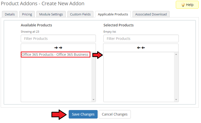 Office 365 1.0.0 For WHMCS: WHMCS addon Applicable Products tab with the Office 365 Business product to select