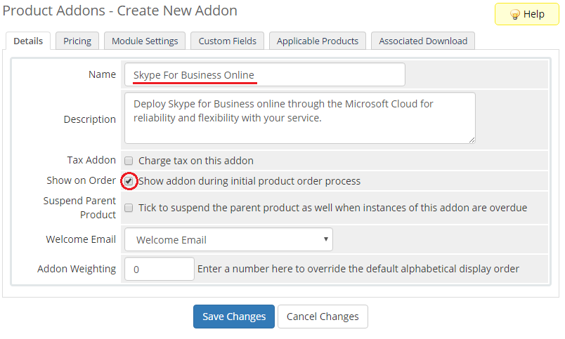 Office 365 1.0.0 For WHMCS: WHMCS Create New Addon form with addon name and Show on Order option
