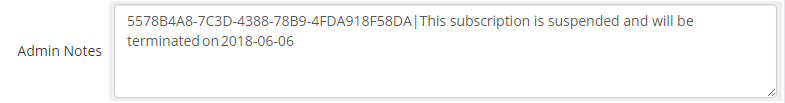 Office 365 1.0.0 For WHMCS: WHMCS addon Admin Notes field with a suspended subscription message