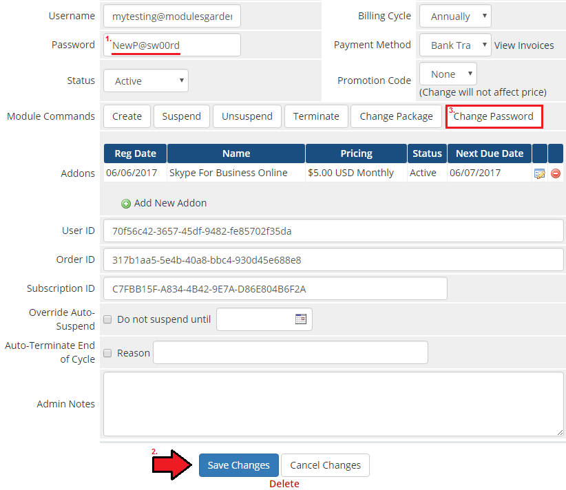 Office 365 1.0.0 For WHMCS: WHMCS admin product page with a new password entered and the Change Password button
