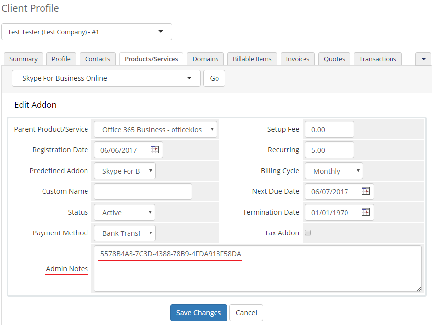 Office 365 1.0.0 For WHMCS: WHMCS admin Edit Addon page with the subscription ID in the Admin Notes field