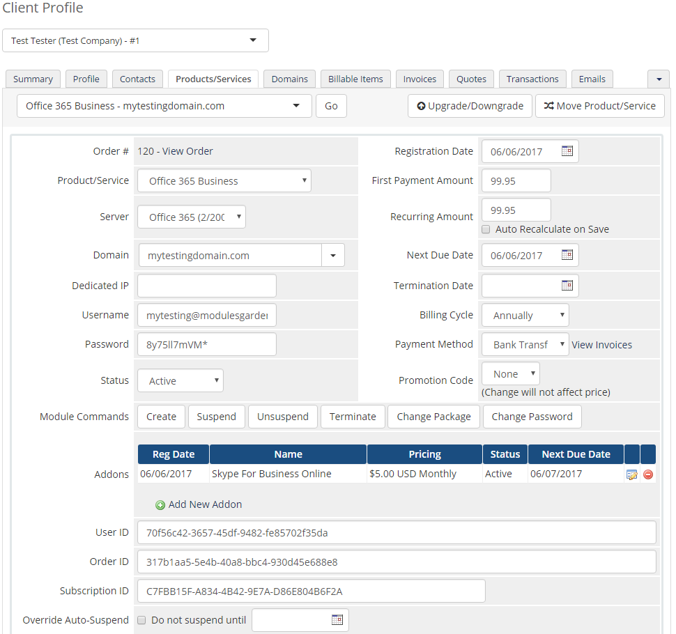 Office 365 1.0.0 For WHMCS: WHMCS admin Client Profile Products/Services tab of an Office 365 product