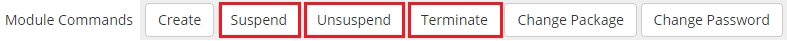 Office 365 1.0.0 For WHMCS: WHMCS admin Module Commands row with Suspend, Unsuspend and Terminate buttons marked