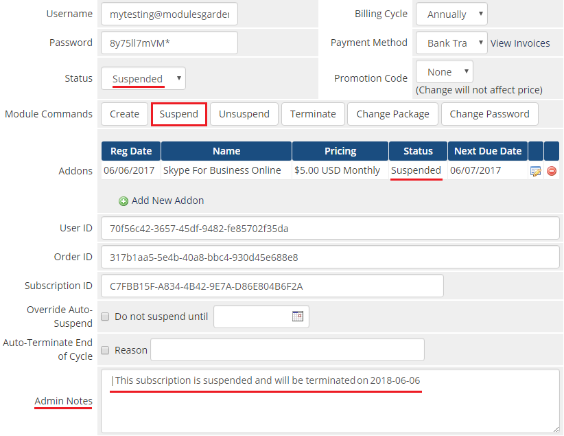Office 365 1.0.0 For WHMCS: WHMCS admin suspended product with addon status and the Admin Notes field