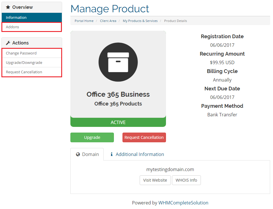Office 365 1.0.0 For WHMCS: WHMCS client area Manage Product page with Addons and Actions menu items marked