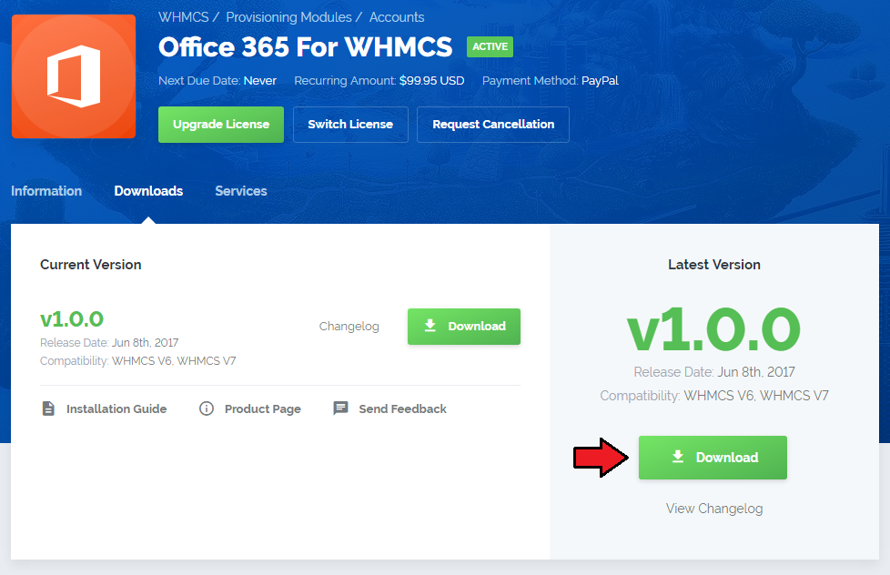 Office 365 1.0.0 For WHMCS: Microsoft client area Downloads tab with the Download button for module v1.0.0