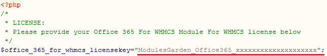 Office 365 1.0.0 For WHMCS: license.php file with the license key entered between quotation marks