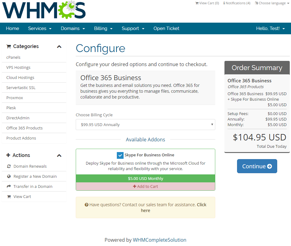 Office 365 1.0.0 For WHMCS: WHMCS order form Configure page with Office 365 Business and a Skype addon