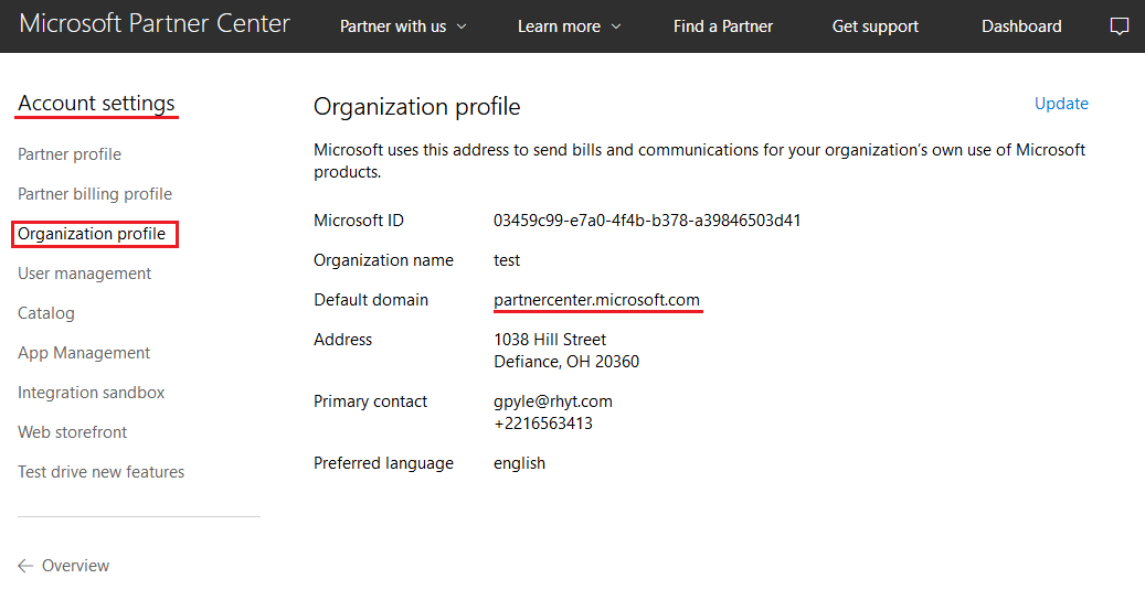 Office 365 1.0.0 For WHMCS: Microsoft Partner Center Organization profile page with the Default domain marked