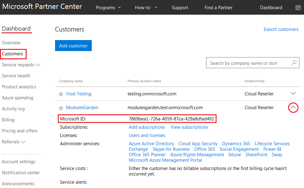 Office 365 1.0.0 For WHMCS: Microsoft Partner Center Customers list with the Microsoft ID of a customer marked
