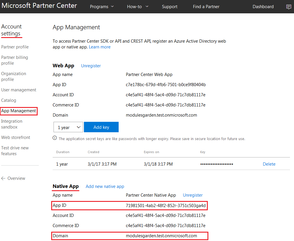 Office 365 1.0.0 For WHMCS: Microsoft Partner Center App Management page with Native App ID and Domain marked