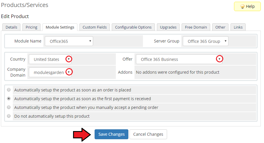 Office 365 1.0.0 For WHMCS: WHMCS product Module Settings with country, company domain and Office 365 offer lists
