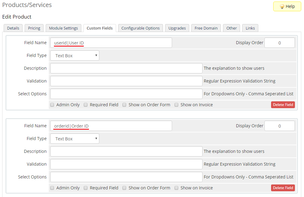 Office 365 1.0.0 For WHMCS: WHMCS product Custom Fields tab with the userid and orderid text box fields