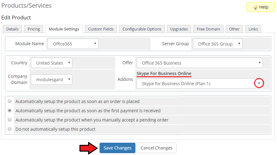 Office 365 1.0.0 For WHMCS: WHMCS product Module Settings with the addon assigned to a Skype for Business plan