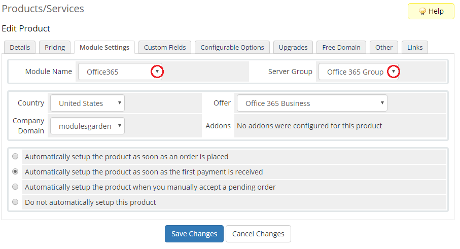 Office 365 1.0.0 For WHMCS: WHMCS product Module Settings tab with Office365 module and server group selected