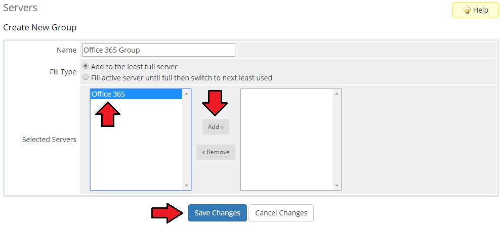 Office 365 1.0.0 For WHMCS: WHMCS Create New Group form with the Office 365 server selected and the Add button