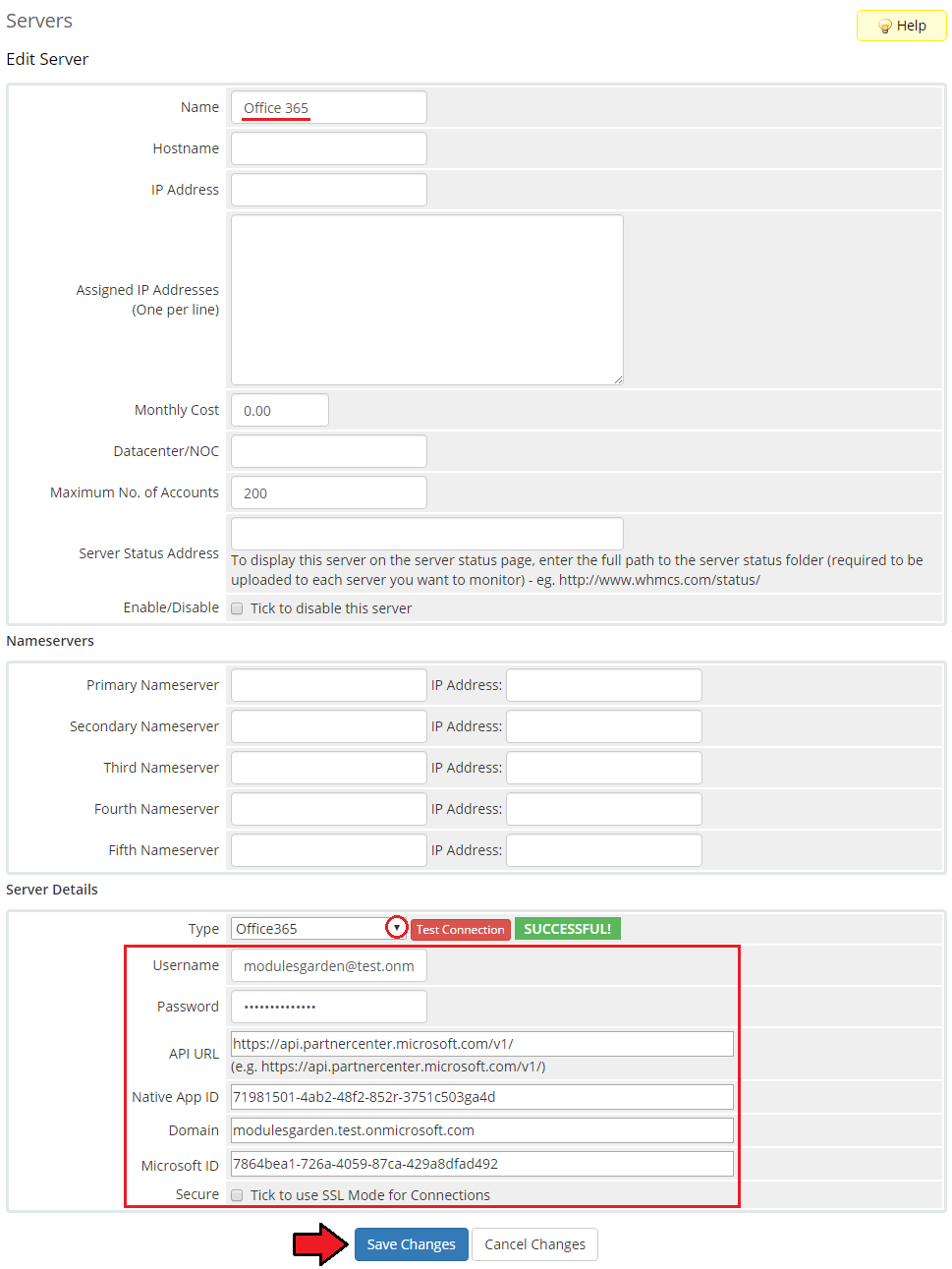 Office 365 1.0.0 For WHMCS: WHMCS Edit Server form with Office365 type and Partner Center connection details