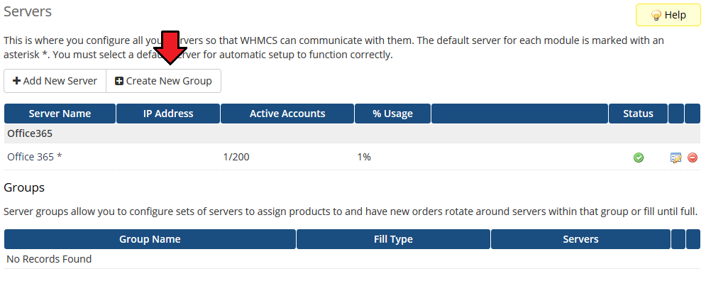 Office 365 1.0.0 For WHMCS: WHMCS Servers page with the new Office 365 server and Create New Group button