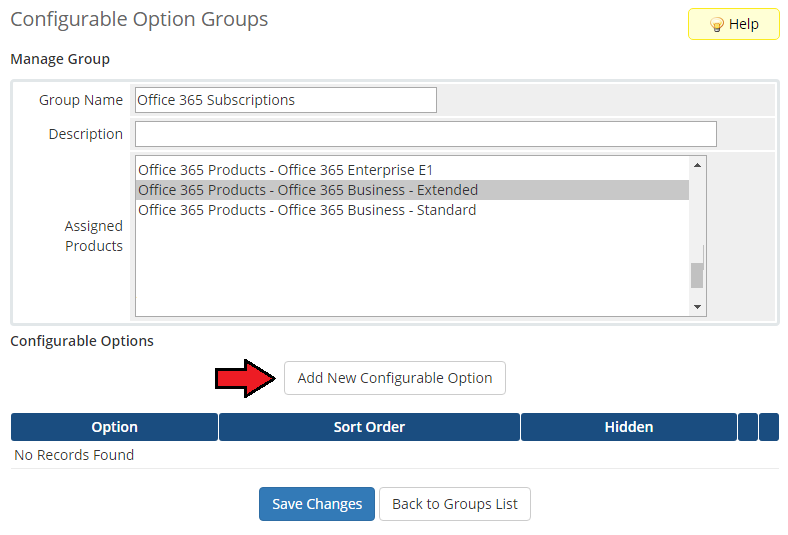 Office 365 For WHMCS: manage Group page with the Add New Configurable Option button for Office 365 Subscriptions