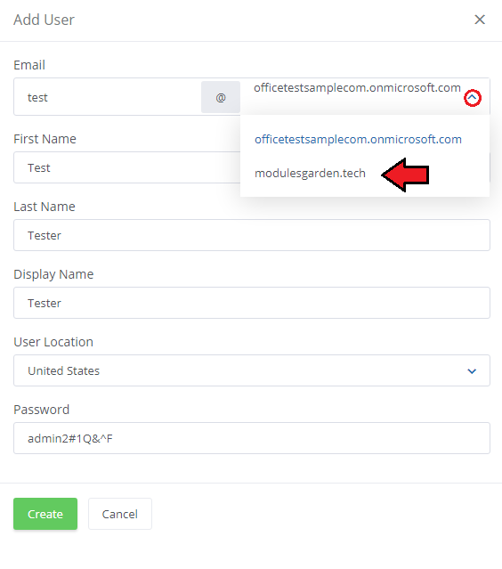 Office 365 For WHMCS: add User dialog with the email domain dropdown listing the onmicrosoft.com and custom domains