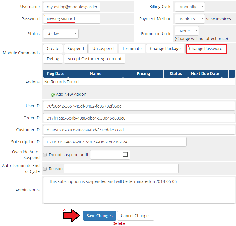 Office 365 For WHMCS: WHMCS admin area service with a new password entered, Save Changes and Change Password button
