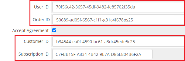 Office 365 For WHMCS: WHMCS admin area product fields with User ID, Order ID, Customer ID and Subscription ID marked in