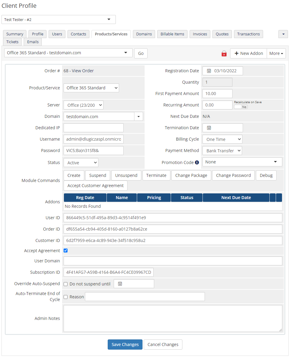 Office 365 For WHMCS: WHMCS admin area Client Profile Products/Services tab with Office 365 module commands and custom