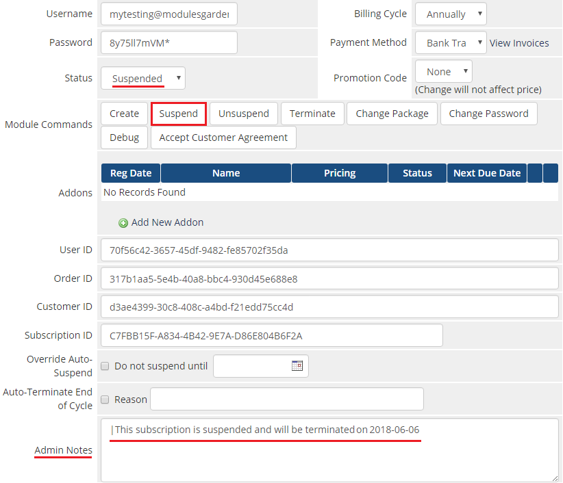 Office 365 For WHMCS: WHMCS admin area service with Suspended status and an admin note about the suspended subscription