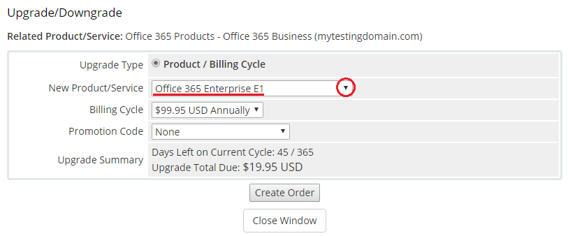Office 365 For WHMCS: WHMCS Upgrade/Downgrade window with the new product dropdown and upgrade summary